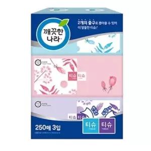 티슈 250매 3입 곽티슈 사각화장지 깨끗한나라각티슈