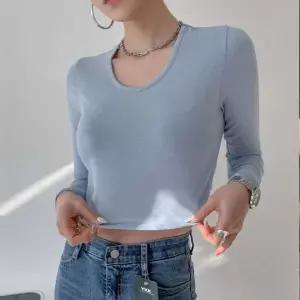 긴팔티 여성 라운드넥 크롭 상의 스판 슬림핏 베이직 이너