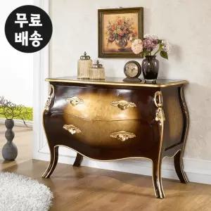 인테리어 엔틱 서랍장 원목 낮은 2단 골드 체스트