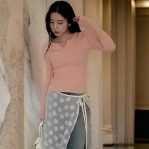 [옷자락]여자 골지 세미크롭 긴팔 브이넥 슬림핏 니트