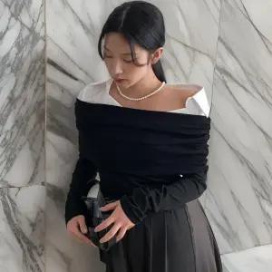 [옷자락]여성 오프숄더 셔츠 레이어드 셔링 긴팔 니트
