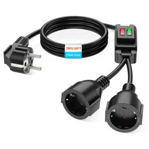 Eu 플러그 40cm/2m 연장 코드 듀얼 소켓 4000W 16A 250V 제어 스위치 가정/사무실/실외에 적합 검정색