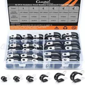 52PCS 케이블 클램프 모음 키트 캠텍 스테인리스 스틸 고무 쿠션 파이프 호스 금속 연료 라인 수도관 공기