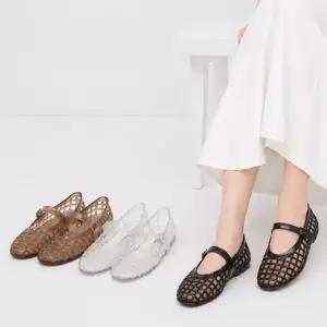 여성 메리제인 젤리슈즈 둥근코 격자 여름 플랫 단화 스트랩 신발 1cm