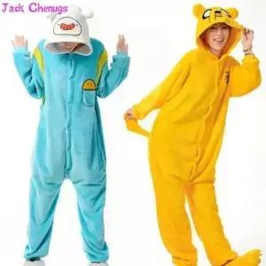 Kigurumi 핀과 제이크 Onesies 모험 의상 노란색 개 잠옷 동물 할로윈 파티 점프 슈트