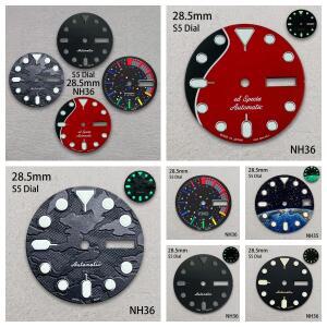 28.5mm S 로고 SKX007 Camouflag 다이얼 맞는 NH36/4R36 무브먼트 녹색 빛나는  시계 수정 액세서리