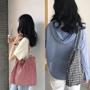 클래식 체크패턴 에코백 캔버스 나들이 가방 마실 에코백 핸드백 가방 데일리 캔버스