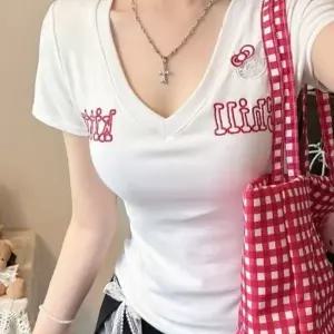 브이넥 티셔츠 캡내장 여리핏 자수 반팔 키티 스판 여름캡