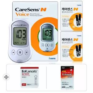 케어센스N 보이스 당뇨 검사 혈당계 시험지 세트[혈당측정기+측정지 110매+침110개+솜100매]
