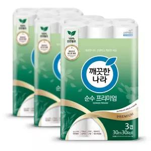 깨끗한나라 화장지 3겹 순수프리미엄 30m 30롤 3팩