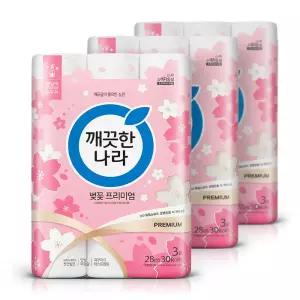 깨끗한나라  벚꽃  프리미엄 데코 화장지 3겹 28m 30롤 3팩