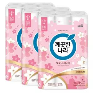 깨끗한나라 화장지 3겹 허브가든 벚꽃 프리미엄 28m 30롤 3팩