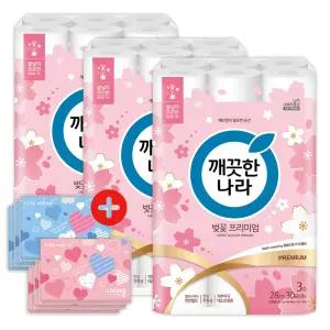 깨끗한나라 화장지 3겹 허브가든 벚꽃 프리미엄 28m 30롤 3팩 + 여행용티슈 40매 6개