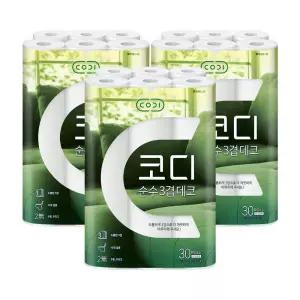 코디 순수 3겹 데코 두루마리 휴지 화장지 30M 30롤 X 3개