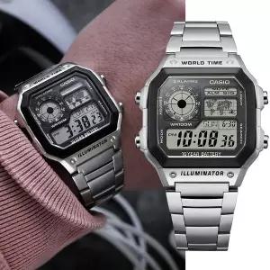 [카시오] 로얄 월드타임 AE-1200WHD-1A 사각 스퀘어 남성 메탈 손목시계