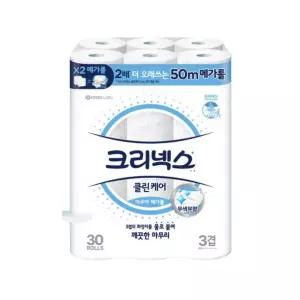 크리넥스 천연펄프 3겹 클린케어 아쿠아 메가롤, 50M, 30롤, 1개