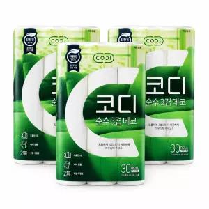 코디 순수 3겹 데코 화장지 30롤 30m 3개 두루마리 휴지 물에잘녹는 비데