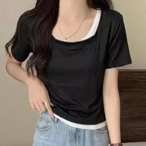 반팔 티셔츠 사선 이중 레이어드 0895