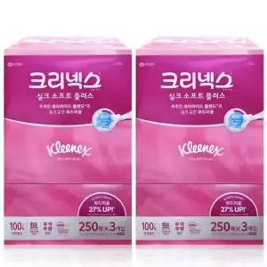 크리넥스 각티슈 실크소프트 미용티슈 250매6개입 곽티슈 곽휴지 사각티슈