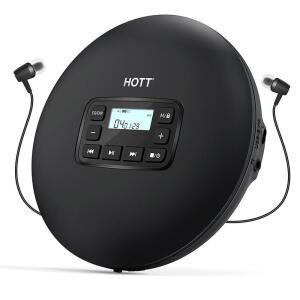 시디플레이어 HOTT CD204 휴대용 CD 플레이어 가정 여행 및 자동차용 스테레오 이어폰 충격 방지 블랙