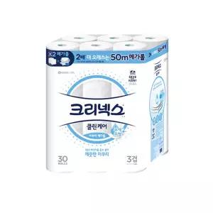 크리넥스 천연펄프 3겹 클린케어 아쿠아 메가롤 50m 30롤 1개