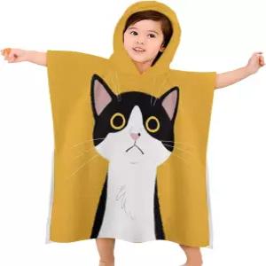 VARECOU 하치와레 고양이 느긋하고 귀여운 흑백 힐링 목욕용 로브 후드 타월 베이비 판초 용 타올맨트 후