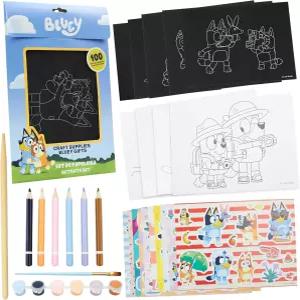 색칠 페이지가 있는 들을 위한 블루이 4-in-1 아트 키트 스크래치 수채화 스티커 연필 재미있는 DIY 공예