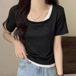 반팔 티셔츠 레이어드 사선 이중 2컬러