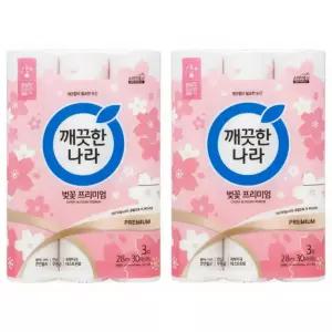 깨끗한나라 벚꽃 프리미엄 3겹 롤 화장지 휴지 28m 30롤 2팩