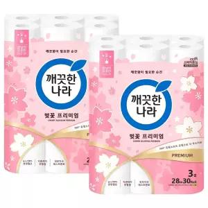 깨끗한나라 벚꽃 프리미엄 3겹 30롤 x 2팩 화장지 휴지