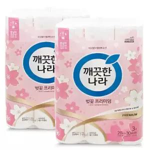 벚꽃프리미엄 3겹 28M 30롤 2팩 깨끗한나라 700857
