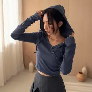 [옷자락] 여성 골지 셔링 후드티 랩 버튼 슬림핏 반지