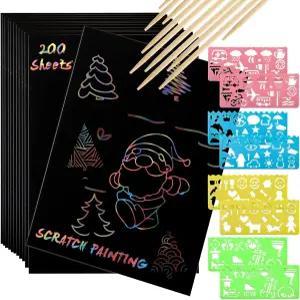 ZEAYEA 200개 스크래치 종이 아트 세트 스타일러스 10개 스텐실 8개 남녀 DIY 공예용 블랙 노트 크리스마스