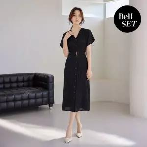 [커스텀에이블] 플리츠 카라 벨트 반팔 원피스_T2607OP055B