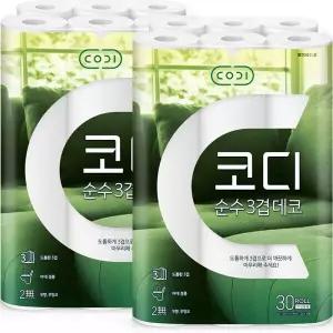 깨끗한나라 쌍용씨앤비 CODI 코디 순수한 데코 3겹 30m 30롤 2팩 화장지 두루마리 휴지 순수 550581