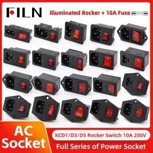 FILN 레드 LED IEC320 C14 AC 소켓 3핀 250V 로커 스위치 10A 퓨즈 내장 암수 플러그 커넥터 마운트