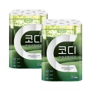 코디 순수3겹데코 두루마리휴지 30M 30롤 X 2개