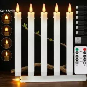 USB 충전식 LED 테이퍼 양초 6개 세트 타이머 리모컨 포함 9.6인치 깜박이는 웨딩/생일 무불꽃 창문