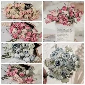 DIY 웨딩 장식 신부 꽃다발 인공 모란 꽃 홈 인테리어 차 장미 새싹 꽃꽂이