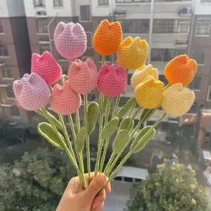 튤립 뜨개질 꽃 해바라기 단일 꽃다발 카네이션 크로 셰 시뮬레이션 손으로 짠 Diy 수제 가짜
