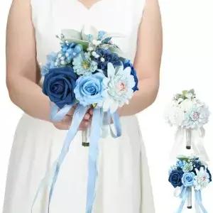 블루톤의 소박한 웨딩 신부 부케 밝은 파란색과 어두운 장미와 수국 조화로 만든 약혼용 인공 꽃