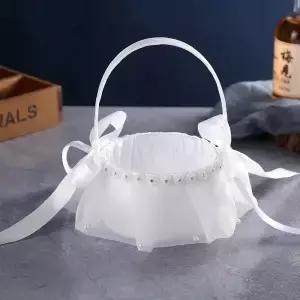 흰색 튤 웨딩 플라워 걸 바구니 새틴 리본 라인스톤 진주 장식 신부 예식 꽃잎