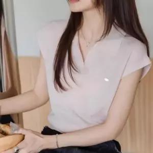 여성 쿨림 여름 반팔 니트 민소매 브이넥 카라 티셔츠