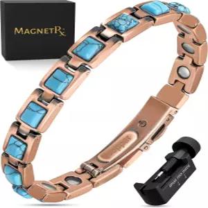 여성용 MagnetRX 순수 구리 팔찌 - 청록색 스톤이 있는 초고강도 자성 사이즈 조절 도구 클래식 가능한