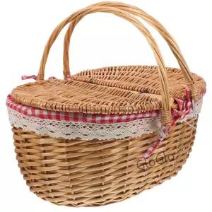 등나무 닉 바구니 38x28x18cm 짠 핸들 뚜껑 보관 홈 장식 선물 야외 캠핑 야채