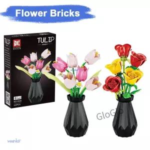 장미 튤립 꽃 모델 블록 세트 3D 부케 브릭 DIY 홈 장식 성인용 휴일 선물