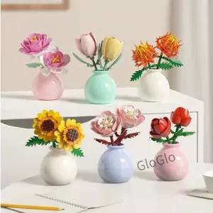 DIY 꽃 빌딩 블록과 꽃병 장미 튤립 해바라기 시뮬레이션 화분 꽃다발 홈 데코 교육용 선물