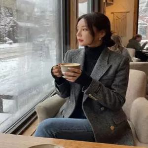 여성 가을 겨울 고급 헤링본 A라인 모직 자켓 캐주얼 정장 출근룩 졸업식 슬림핏 베이식 재킷
