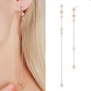 트라이던트 14K 금침 로즈골드 원터치링 체인 롱 드롭 귀걸이