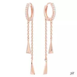 14K 금침 로즈골드 체인 롱 드롭 큐빅 원터치 링 귀걸이